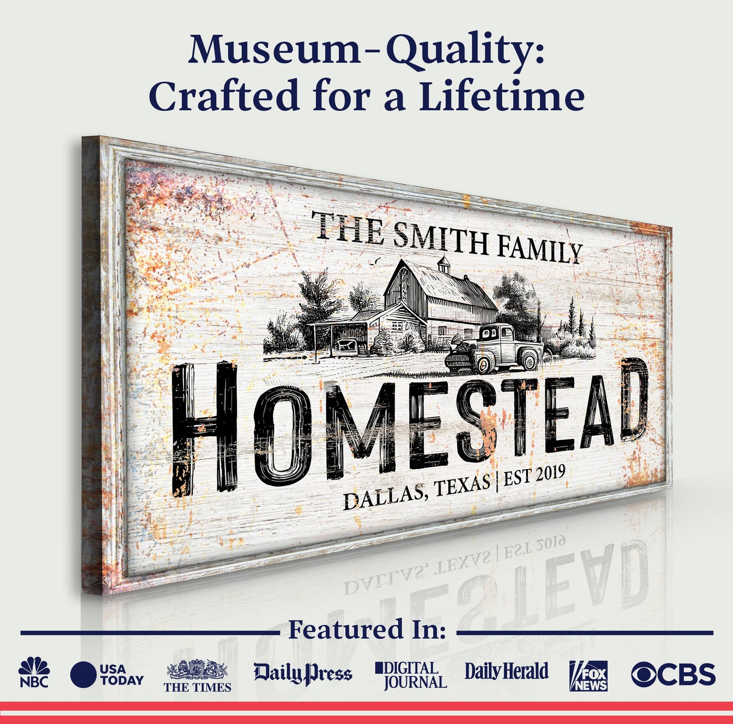 Homestead Sign VIII canvas with distressed wood texture and vintage farm scene on Tampa Home & Garden Store