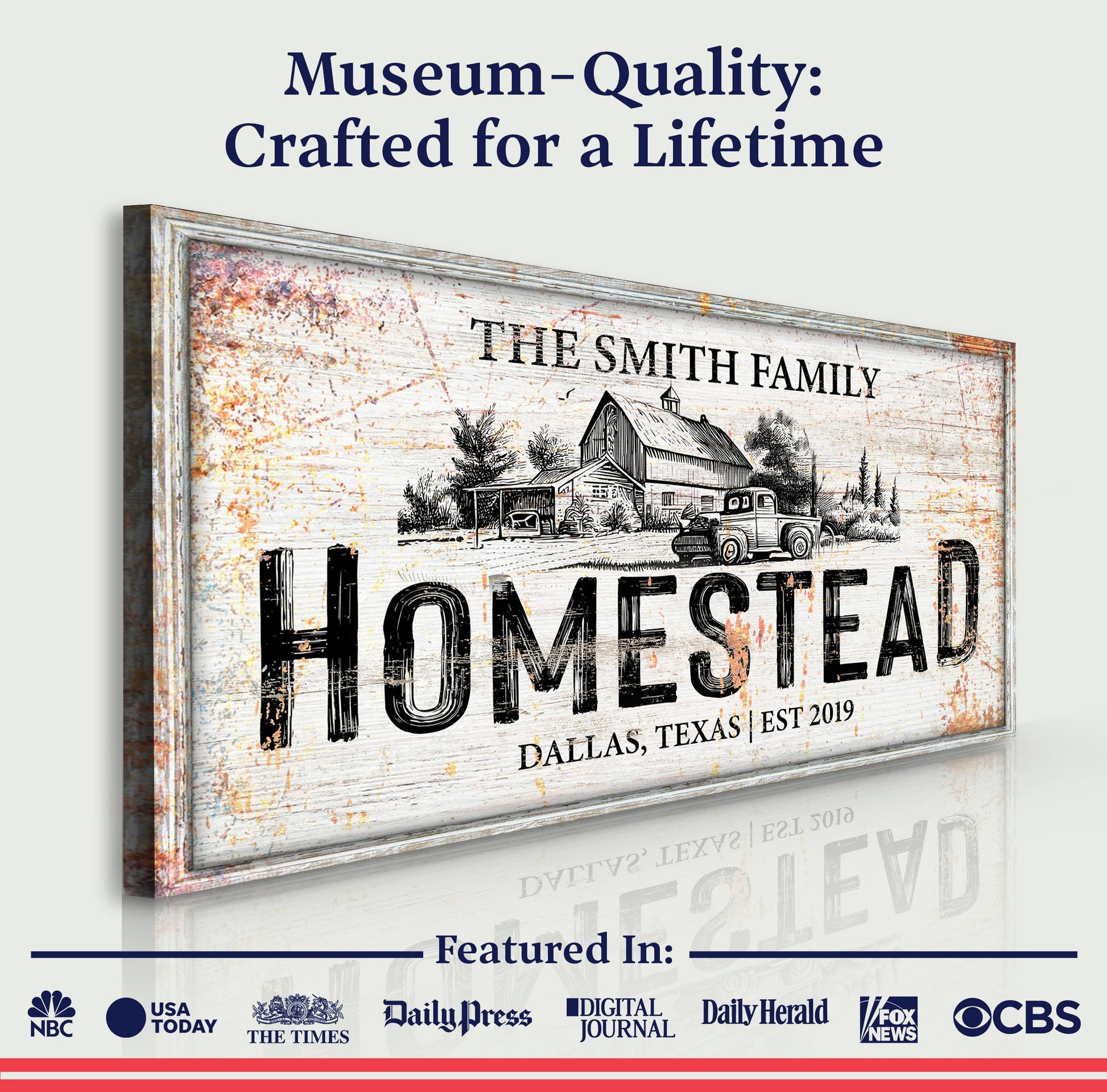 Homestead Sign VIII canvas with distressed wood texture and vintage farm scene on Tampa Home & Garden Store