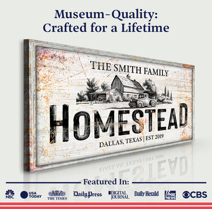 Homestead Sign VIII canvas with distressed wood texture and vintage farm scene on Tampa Home & Garden Store