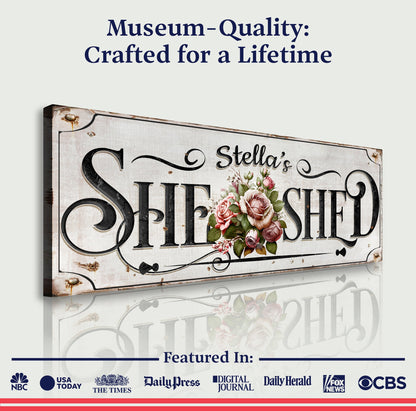 Personalized She Shed Sign canvas by Tailored Canvases with floral accents on Tampa Home & Garden Store
