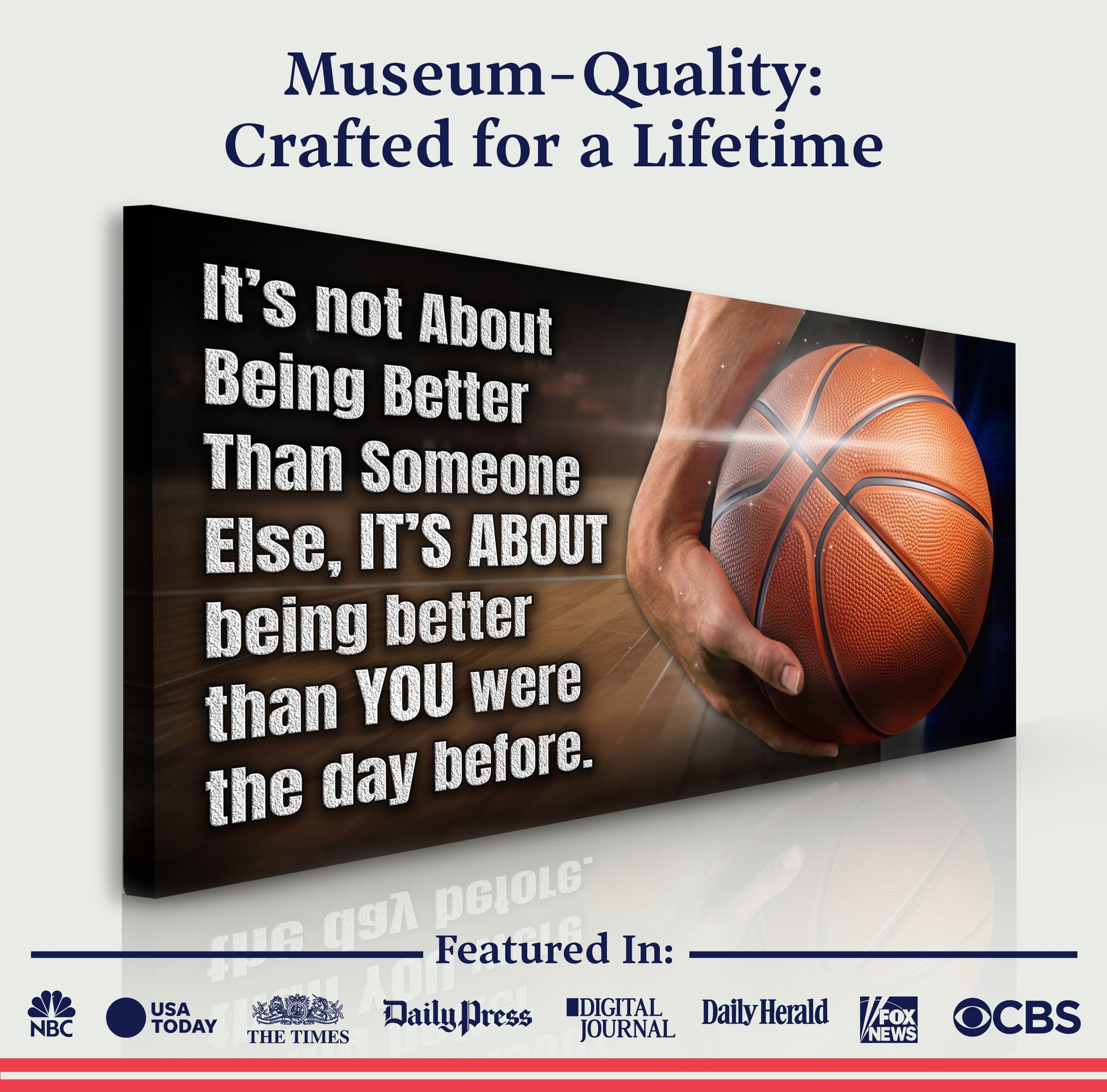 Canvas print by Tailored Canvases with bold white quote on dark sports background and basketball on Tampa Home & Garden Store