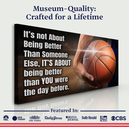 Canvas print by Tailored Canvases with bold white quote on dark sports background and basketball on Tampa Home & Garden Store