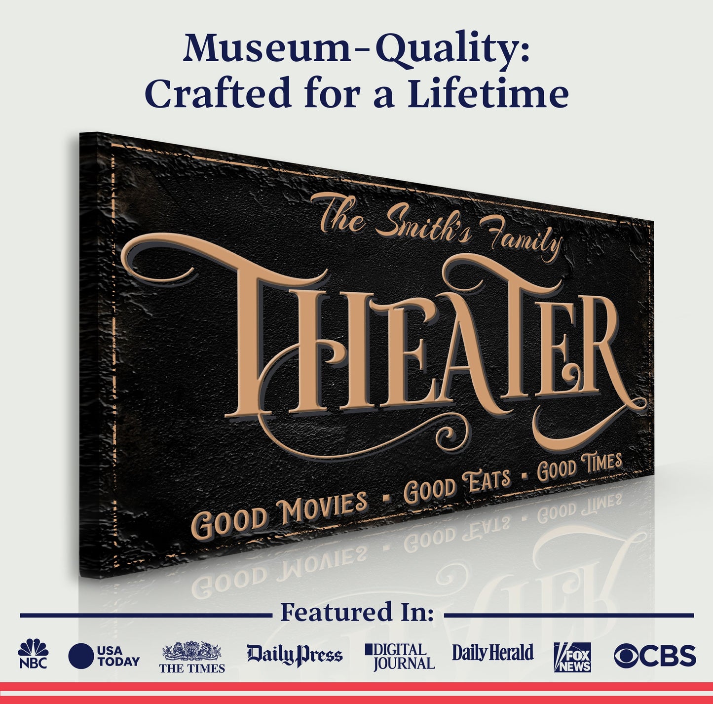 Personalized Theater Sign VI canvas by Tailored Canvases with copper script on black texture on Tampa Home & Garden Store