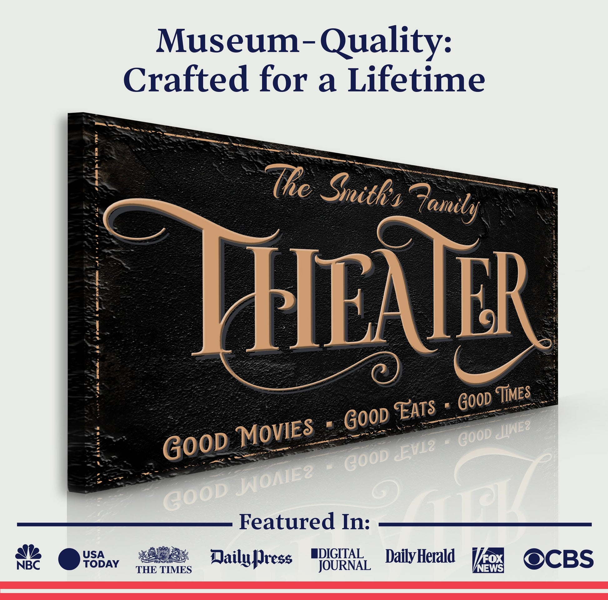 Personalized Theater Sign VI canvas by Tailored Canvases with copper script on black texture on Tampa Home & Garden Store