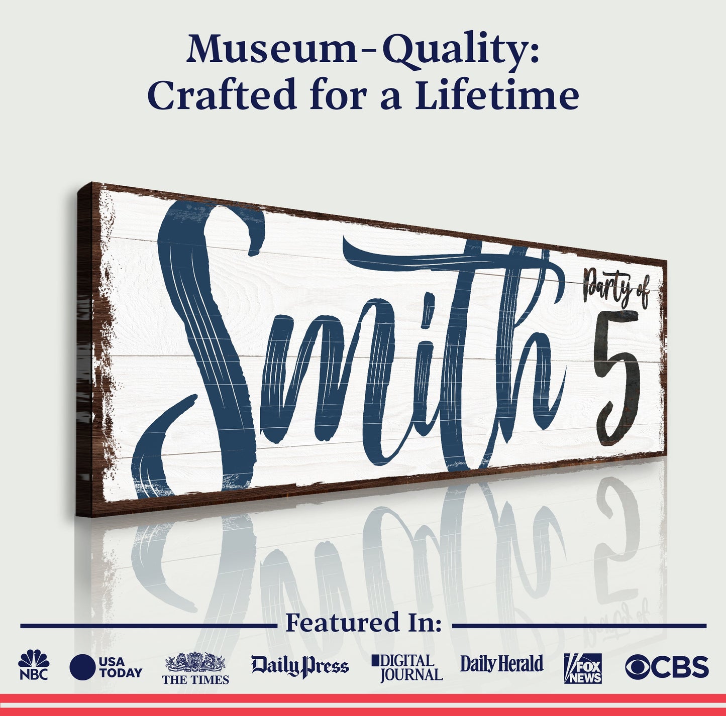 Personalized Party of Family Sign canvas with wood frame and navy script Tailored Canvases on Tampa Home & Garden Store