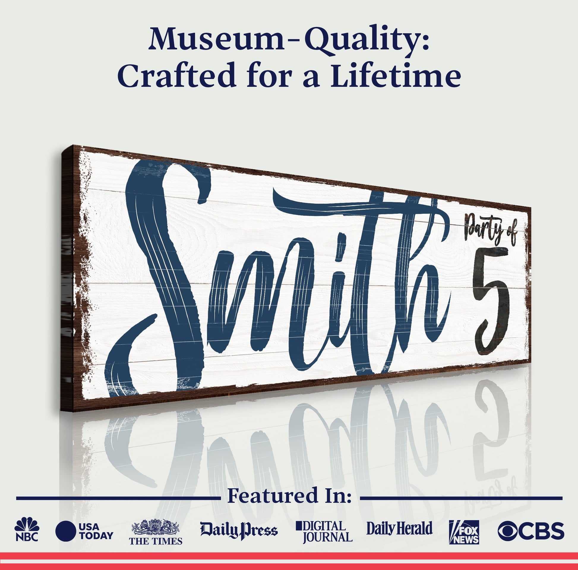 Personalized Party of Family Sign canvas with wood frame and navy script Tailored Canvases on Tampa Home & Garden Store