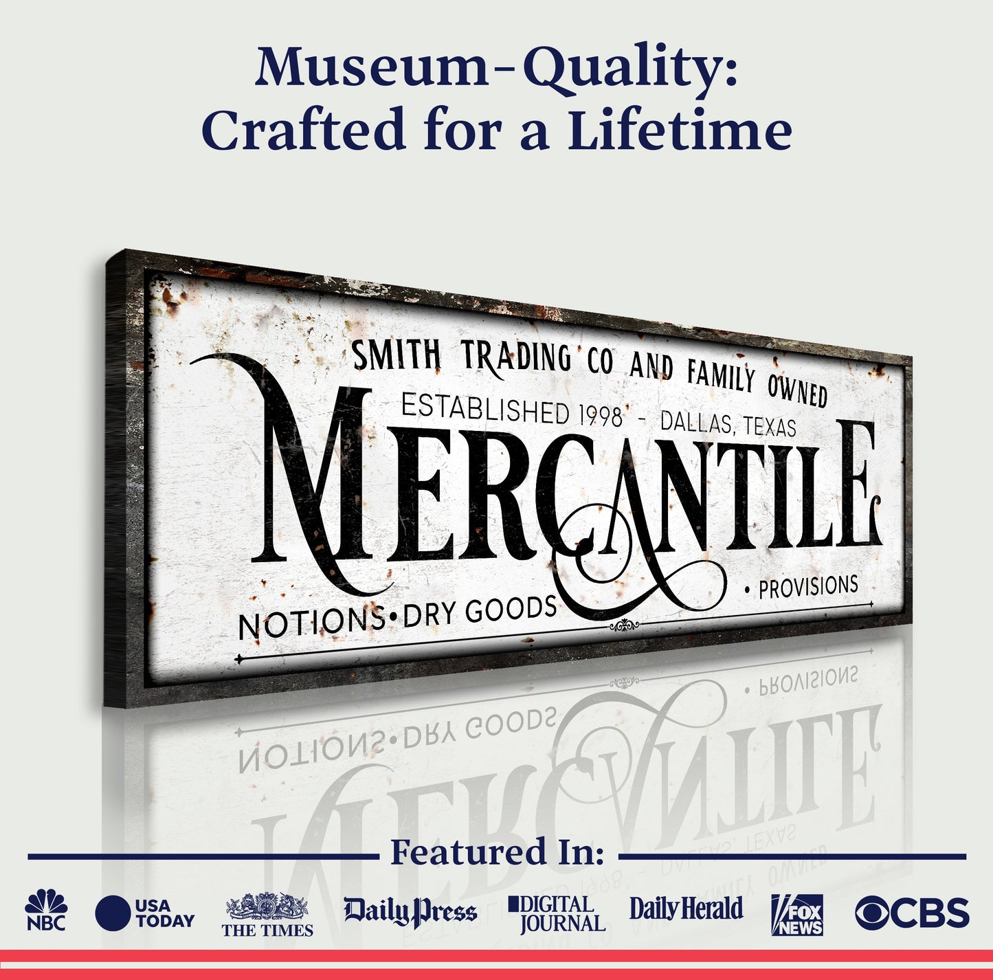 Family Owned Mercantile Sign canvas Tailored Canvases; distressed print with MERCANTILE lettering on Tampa Home & Garden Store