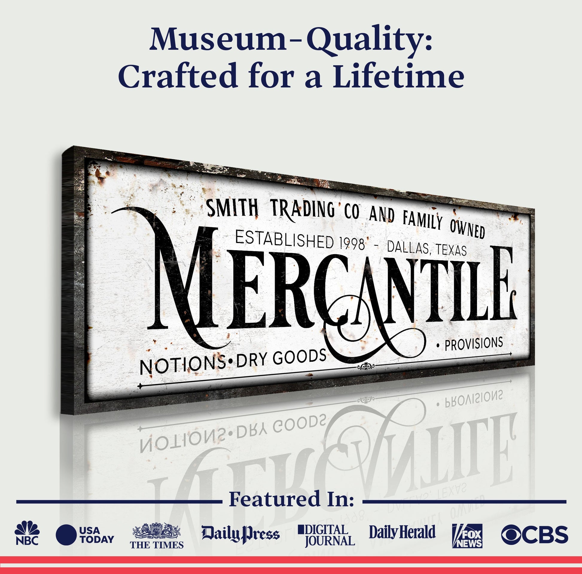 Family Owned Mercantile Sign canvas Tailored Canvases; distressed print with MERCANTILE lettering on Tampa Home & Garden Store