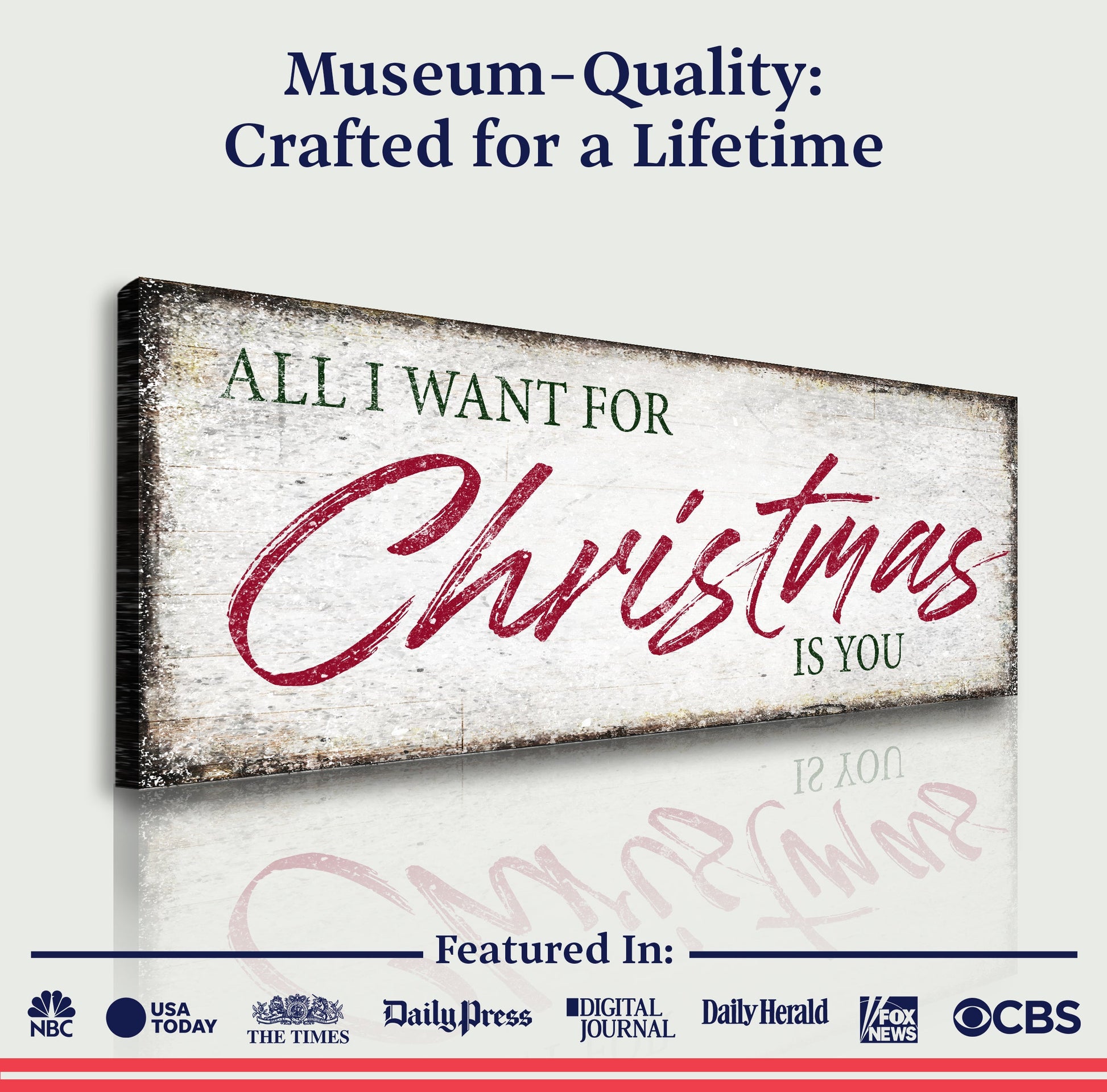 All I Want For Christmas Is You Sign III canvas by Tailored Canvases with wood backdrop on Tampa Home & Garden Store