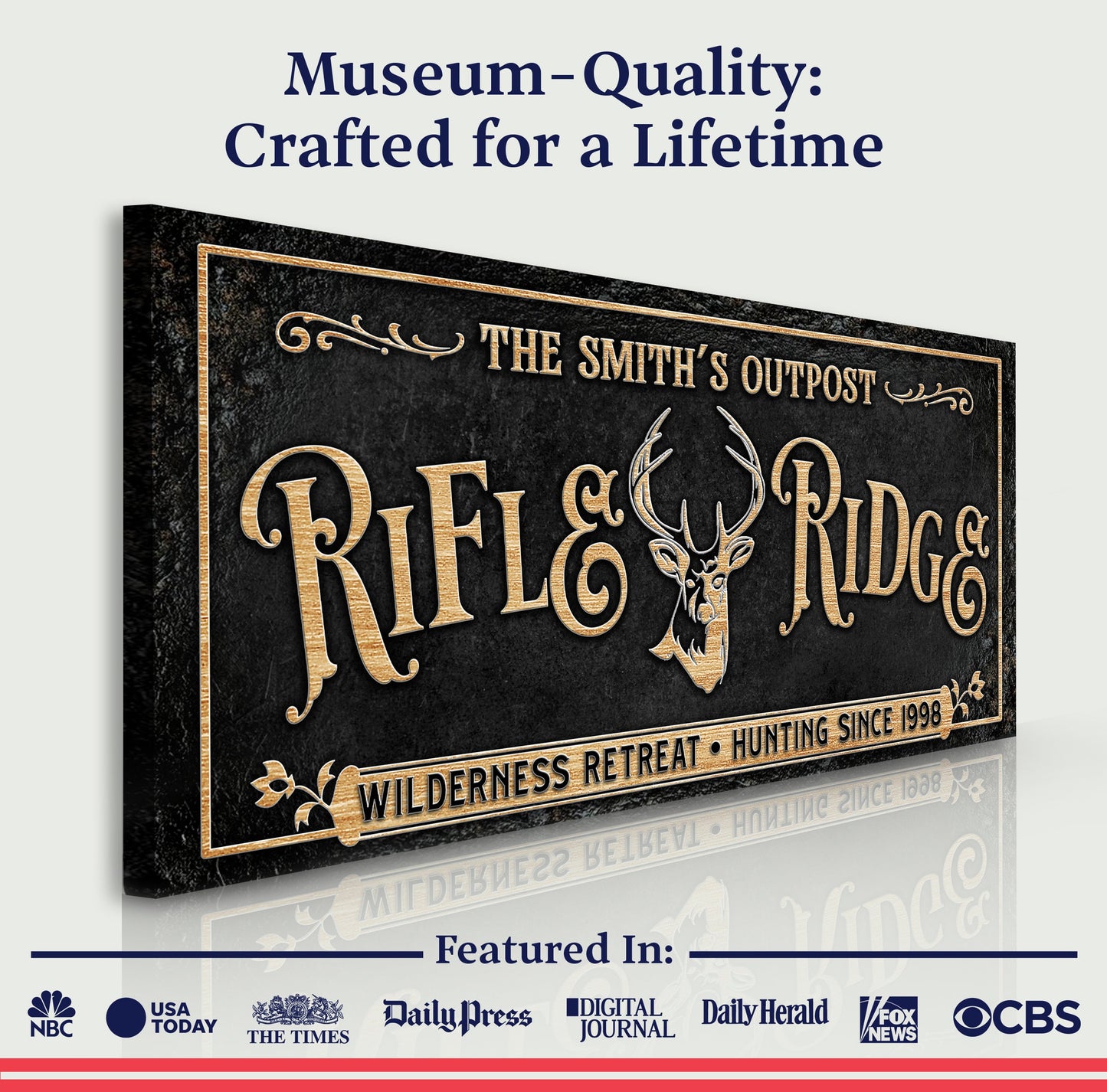 Personalized Rifle Ridge Family Sign canvas with black background and gold lettering on Tampa Home & Garden Store