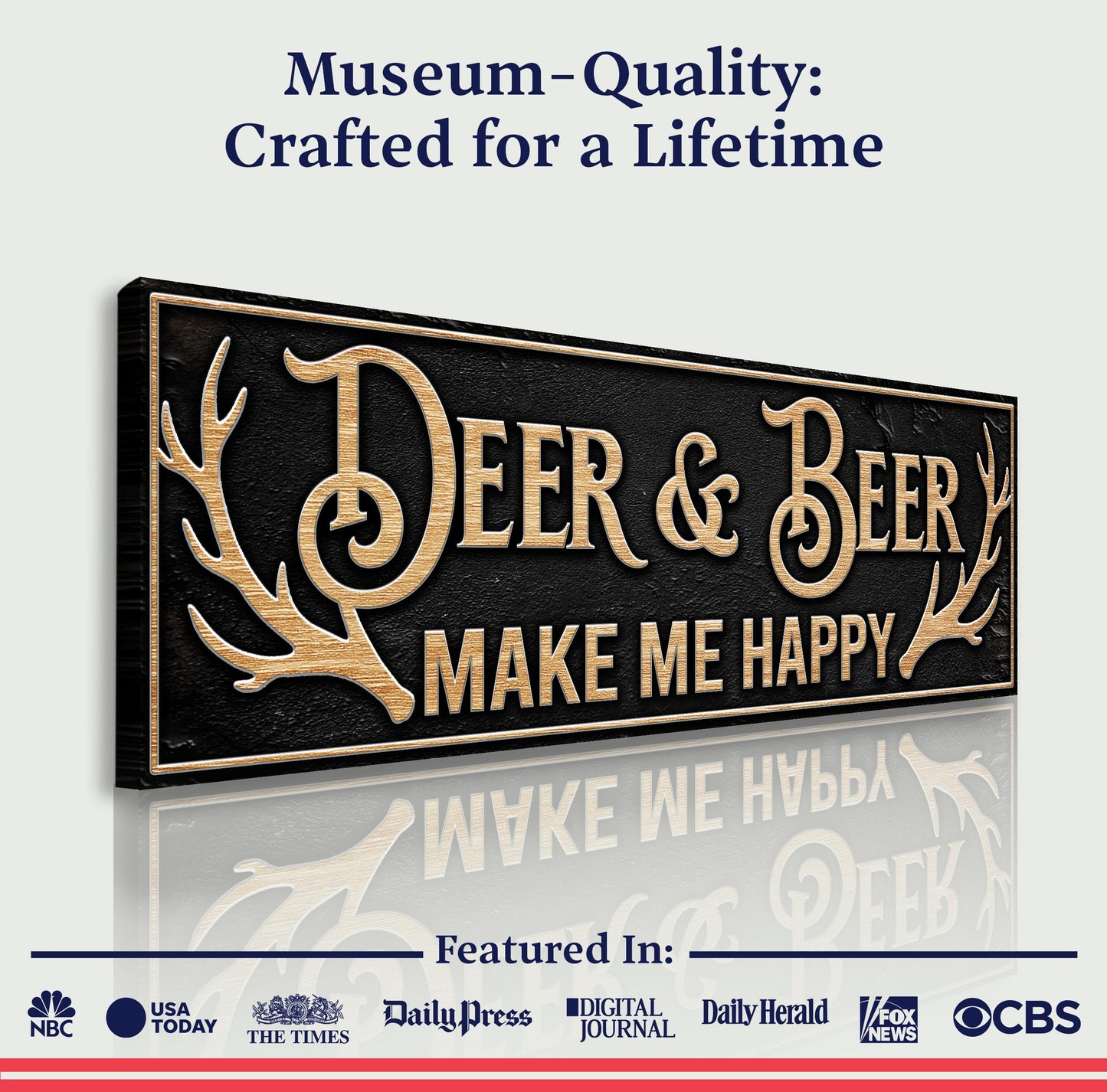 Canvas sign Deer & Beer Make Me Happy by Tailored Canvases with gold lettering and antlers on Tampa Home & Garden Store