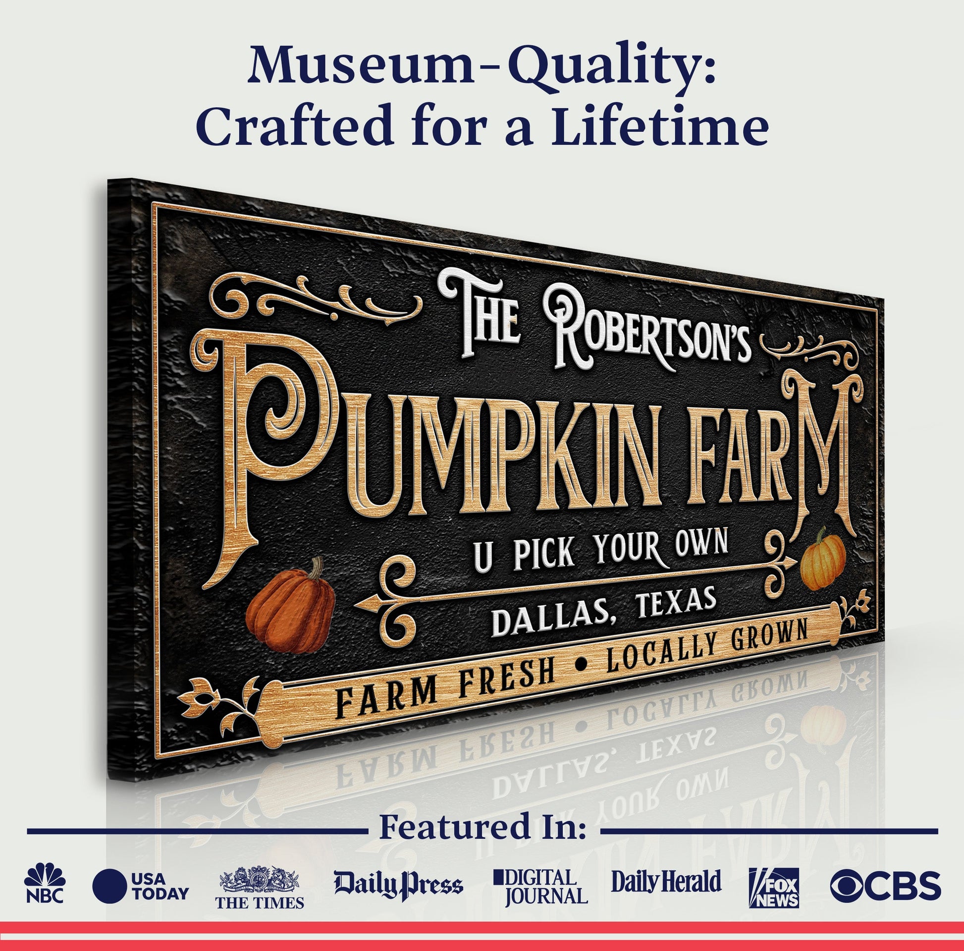 Personalized Pumpkin Farm Halloween Sign canvas by Tailored Canvases, black textured surface with gold ornate frame on Tampa Home & Garden Store