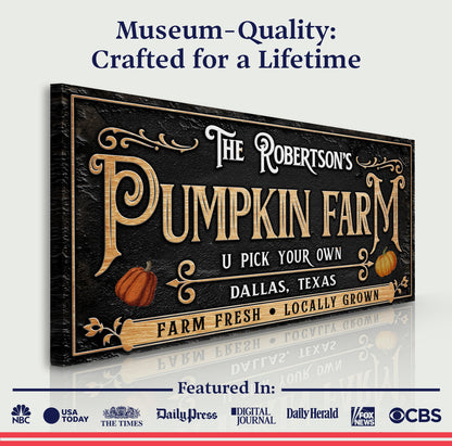 Personalized Pumpkin Farm Halloween Sign canvas by Tailored Canvases, black textured surface with gold ornate frame on Tampa Home & Garden Store