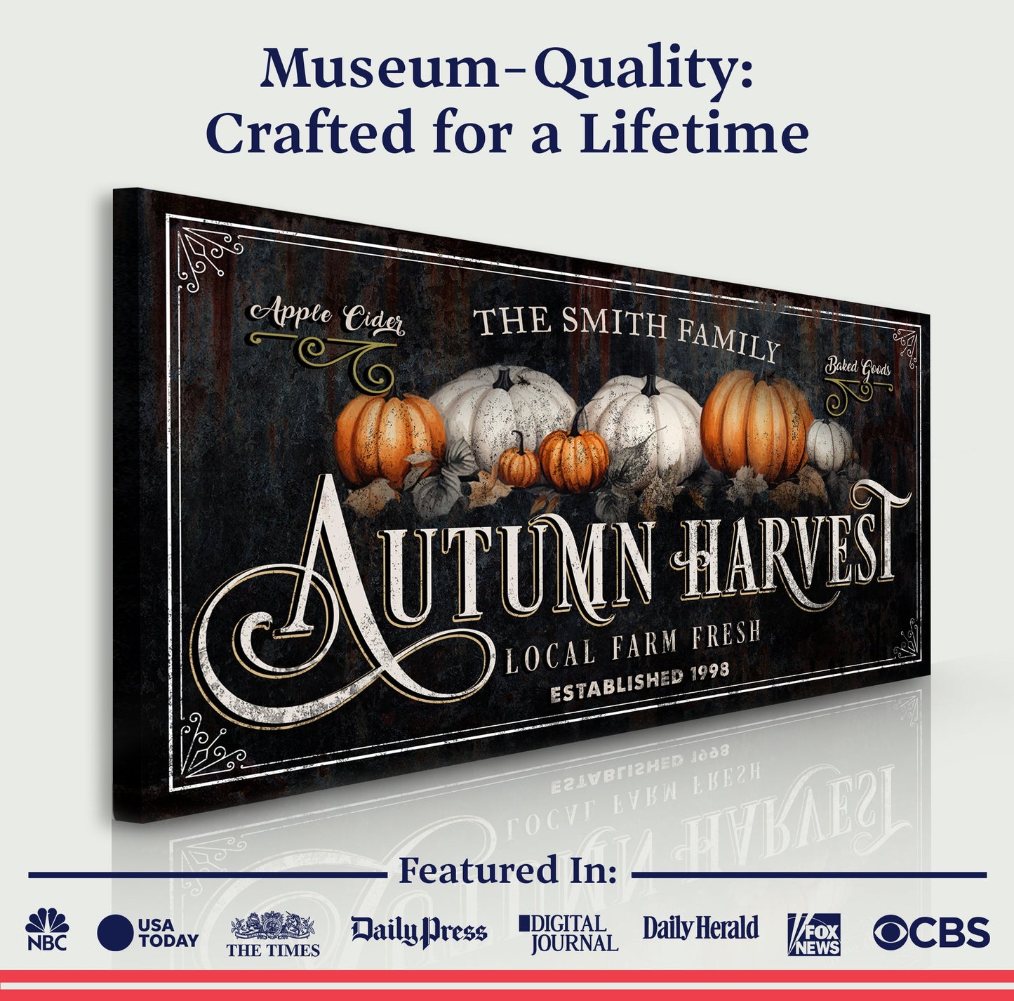 Family Autumn Harvest Thanksgiving Sign canvas with pumpkin motif on rustic background on Tampa Home & Garden Store