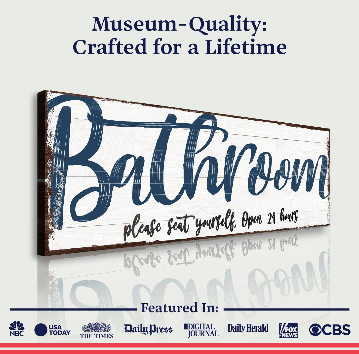 Please Seat Yourself Bathroom Sign II canvas by Tailored Canvases with wood and navy script on Tampa Home & Garden Store