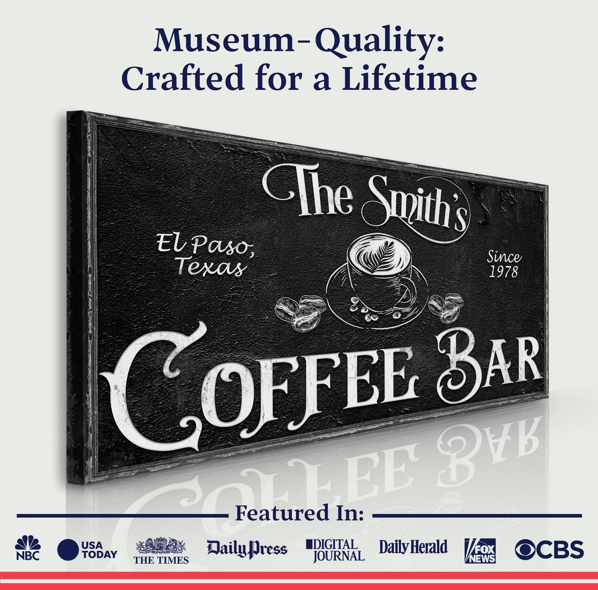 Personalized Coffee Bar Sign VI canvas with black textured surface and vintage script lettering on Tampa Home & Garden Store