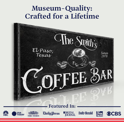 Personalized Coffee Bar Sign VI canvas with black textured surface and vintage script lettering on Tampa Home & Garden Store