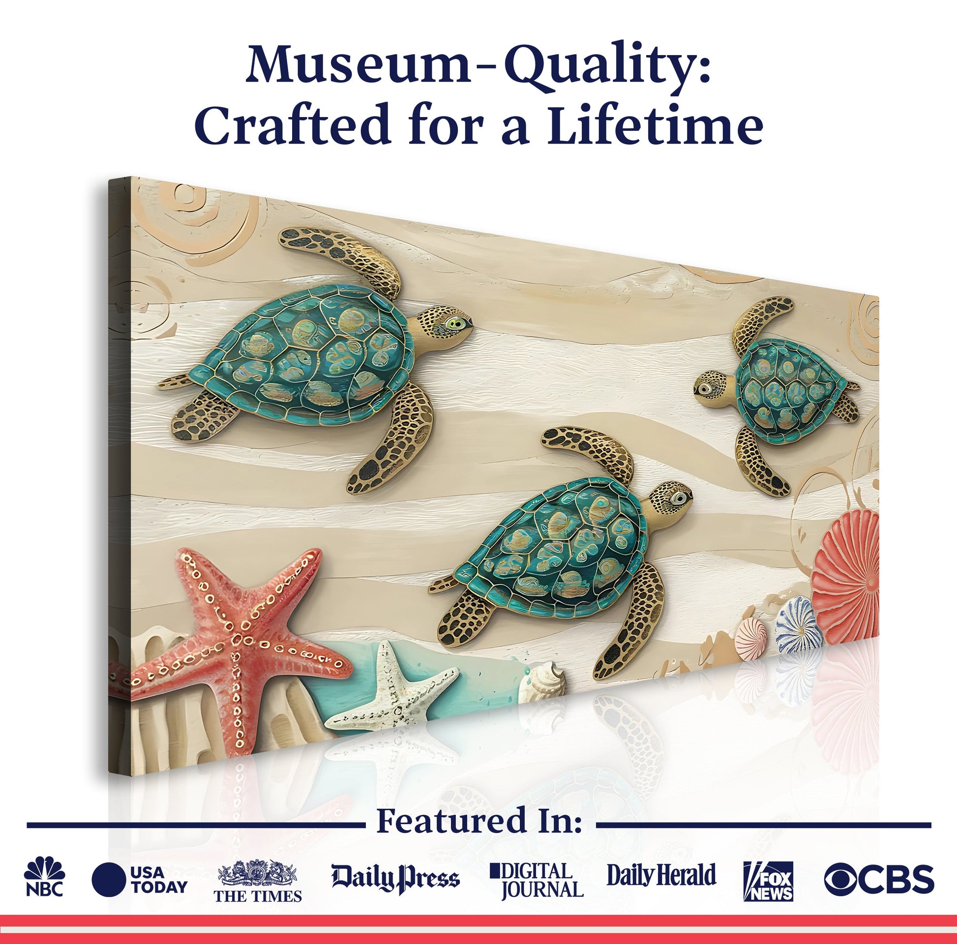 3D Coastal Wall Art VII canvas by Tailored Canvases featuring sea turtles on a beach on Tampa Home & Garden Store