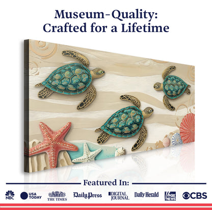 3D Coastal Wall Art VII canvas by Tailored Canvases featuring sea turtles on a beach on Tampa Home & Garden Store