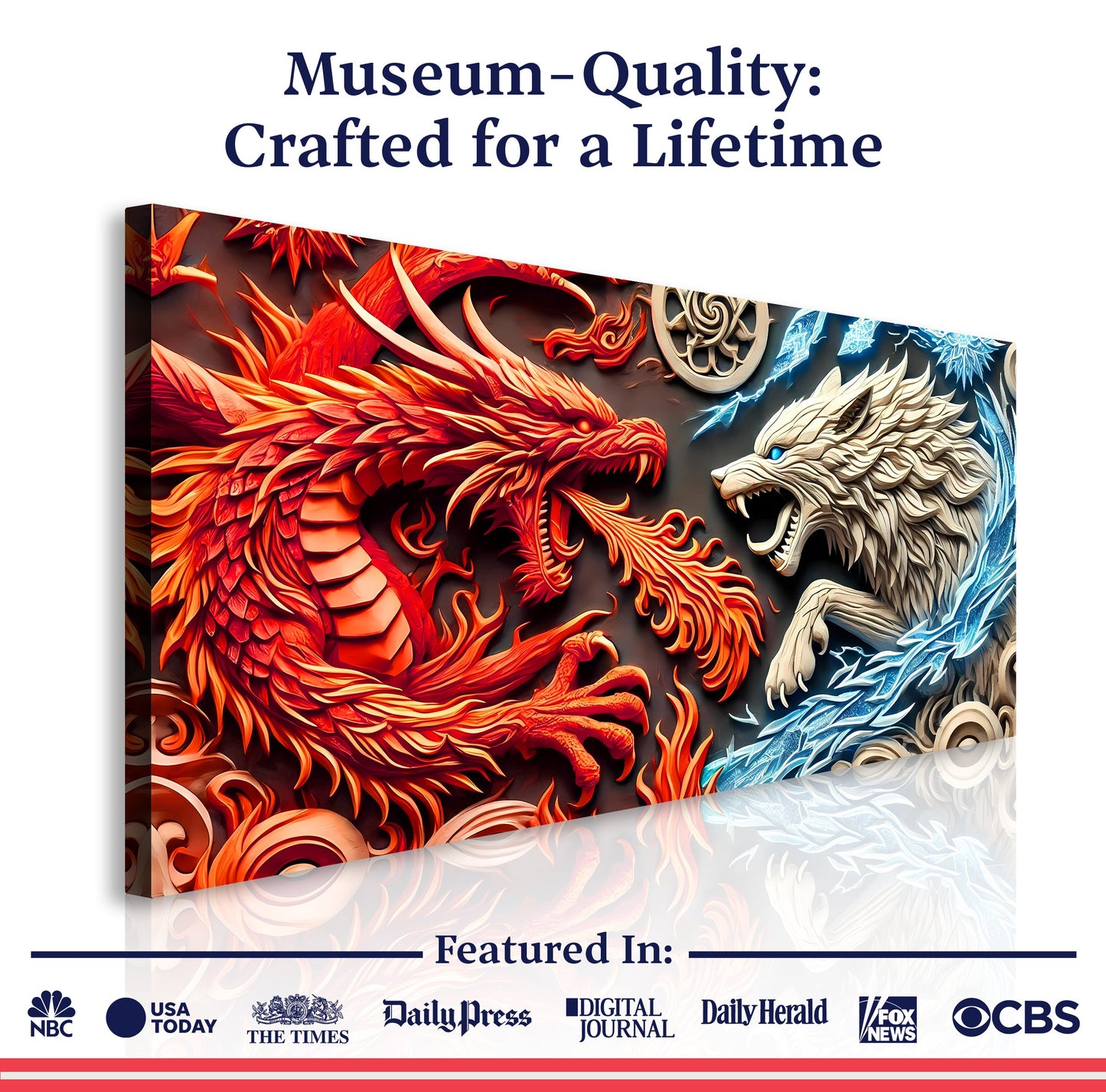 3D Dragon and Wolf Wall Art by Tailored Canvases featuring fiery red dragon and ivory wolf on Tampa Home & Garden Store