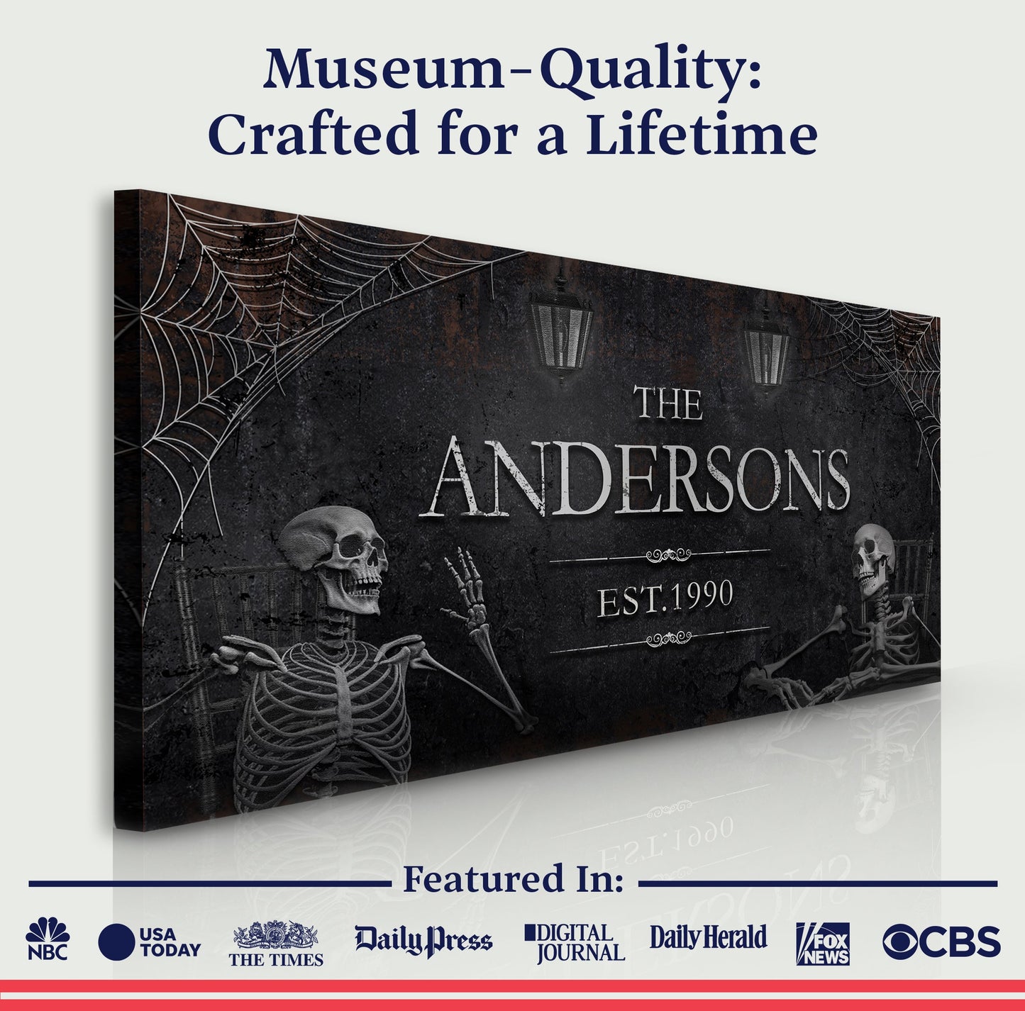 Personalized Gothic Sign VI canvas by Tailored Canvases with skeletal imagery and webs on Tampa Home & Garden Store