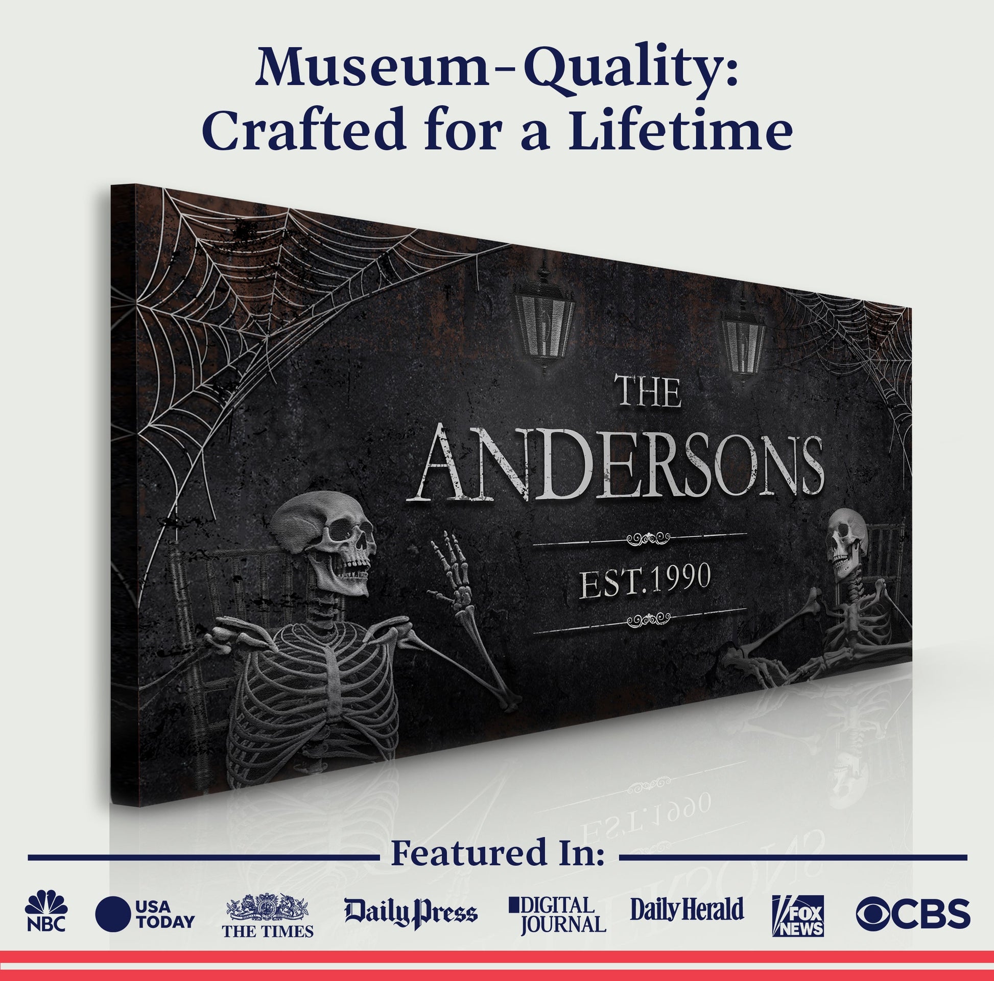 Personalized Gothic Sign VI canvas by Tailored Canvases with skeletal imagery and webs on Tampa Home & Garden Store