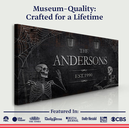Personalized Gothic Sign VI canvas by Tailored Canvases with skeletal imagery and webs on Tampa Home & Garden Store