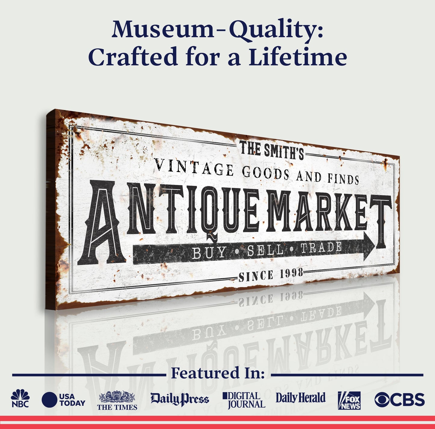 Vintage Antique Market canvas sign by Tailored Canvases, weathered rusted finish on Tampa Home & Garden Store