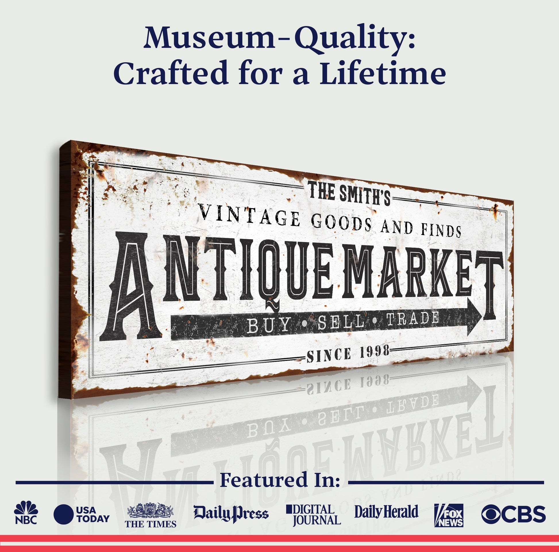 Vintage Antique Market canvas sign by Tailored Canvases, weathered rusted finish on Tampa Home & Garden Store