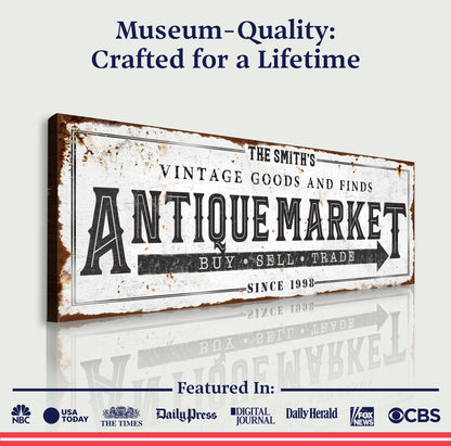 Vintage Antique Market canvas sign by Tailored Canvases, weathered rusted finish on Tampa Home & Garden Store