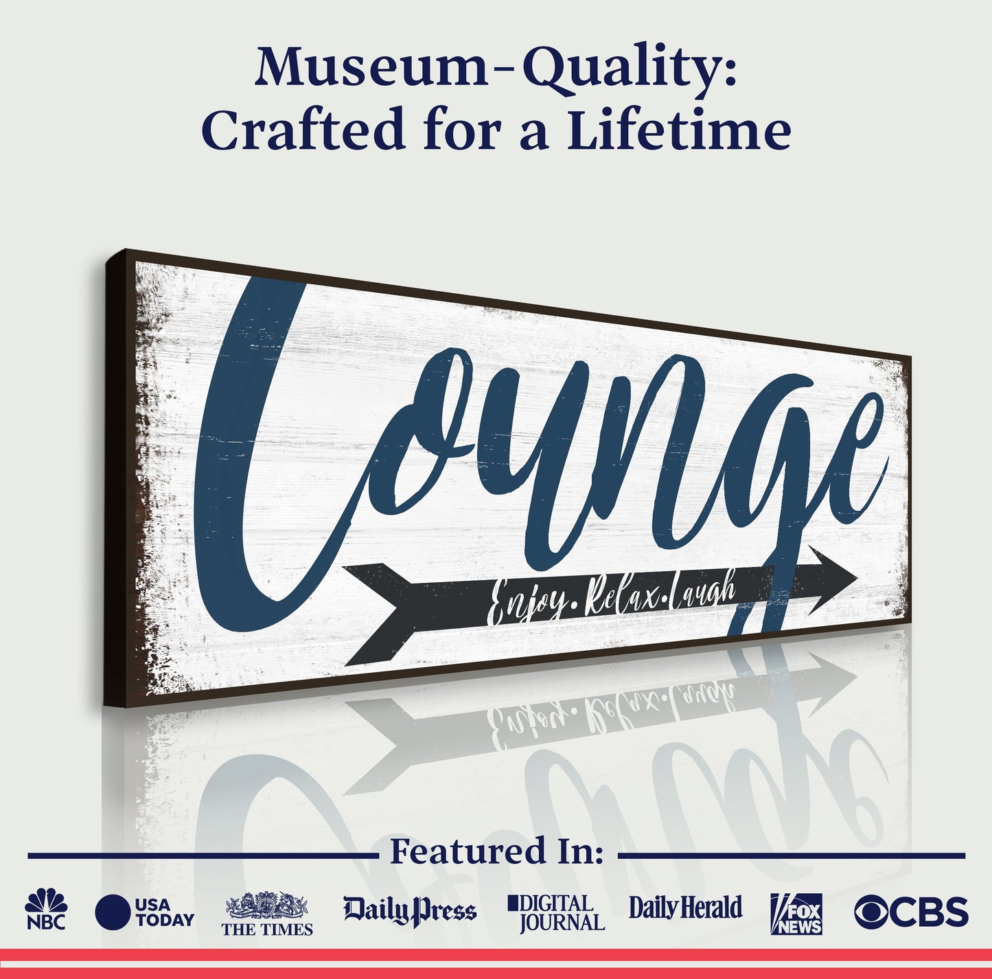 Canvas sign Enjoy Relax Laugh Lounge by Tailored Canvases with white background navy script on Tampa Home & Garden Store
