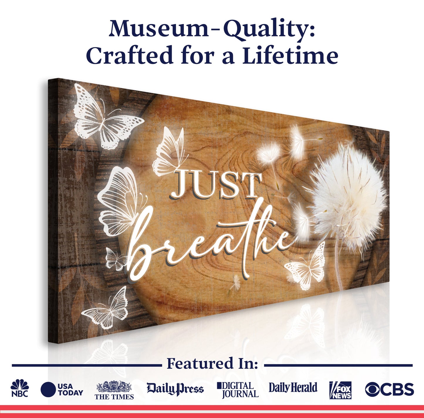 Just Breathe Sign XIII canvas by Tailored Canvases with butterflies on rustic wood panel on Tampa Home & Garden Store
