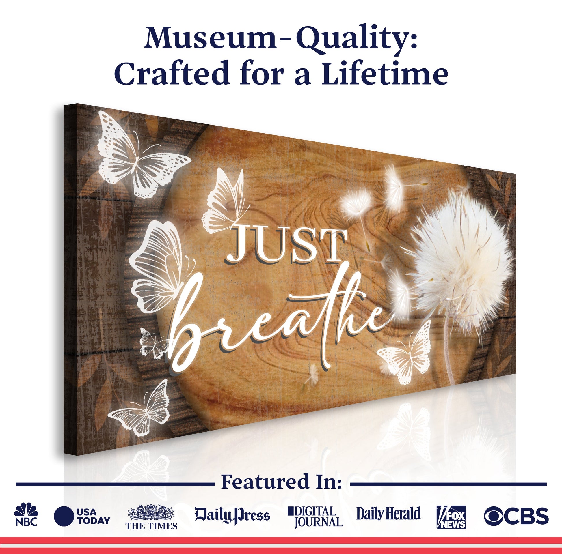 Just Breathe Sign XIII canvas by Tailored Canvases with butterflies on rustic wood panel on Tampa Home & Garden Store