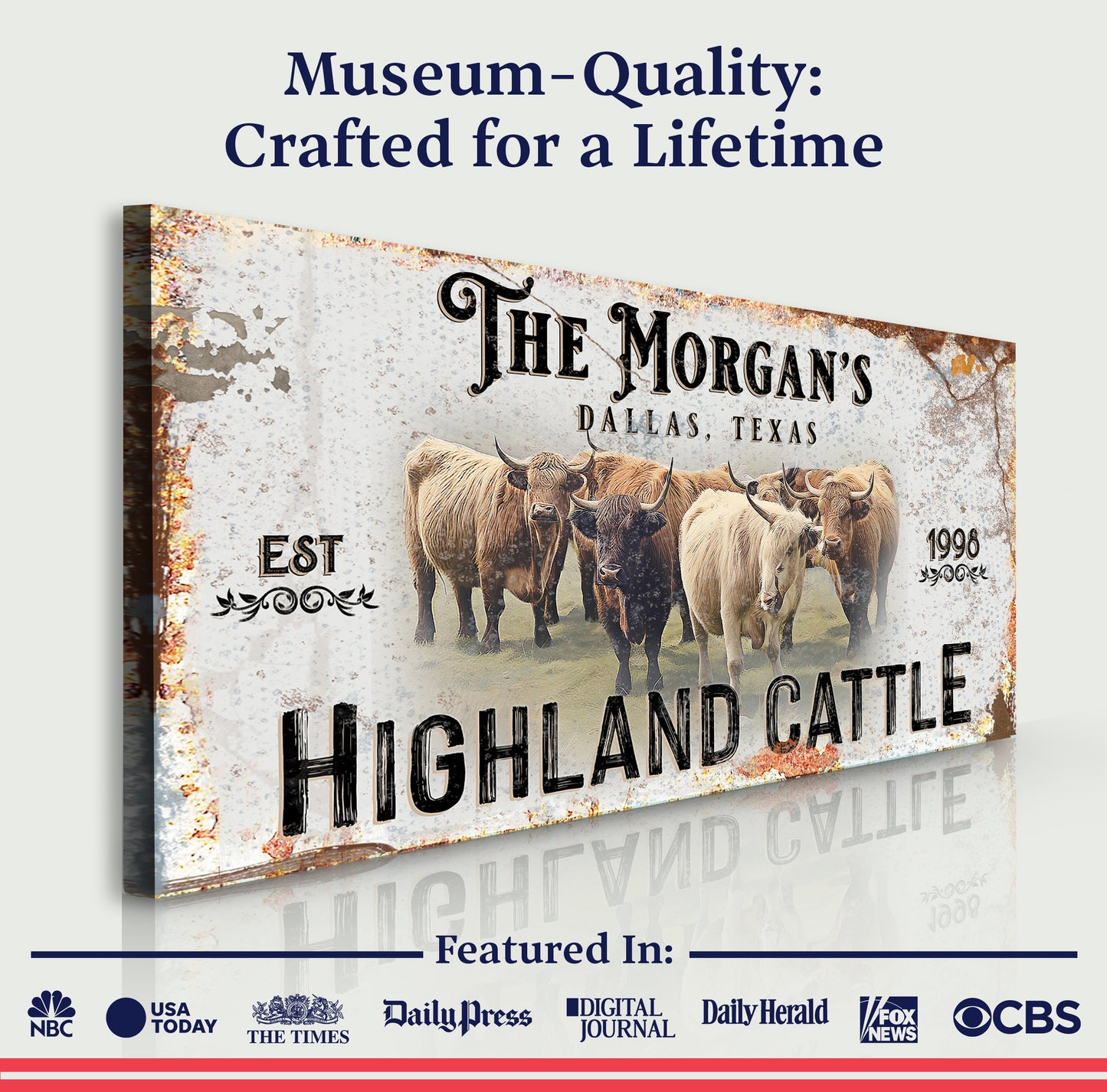 Personalized Highland Cattle Sign III canvas by Tailored Canvases with Highland cattle artwork on Tampa Home & Garden Store