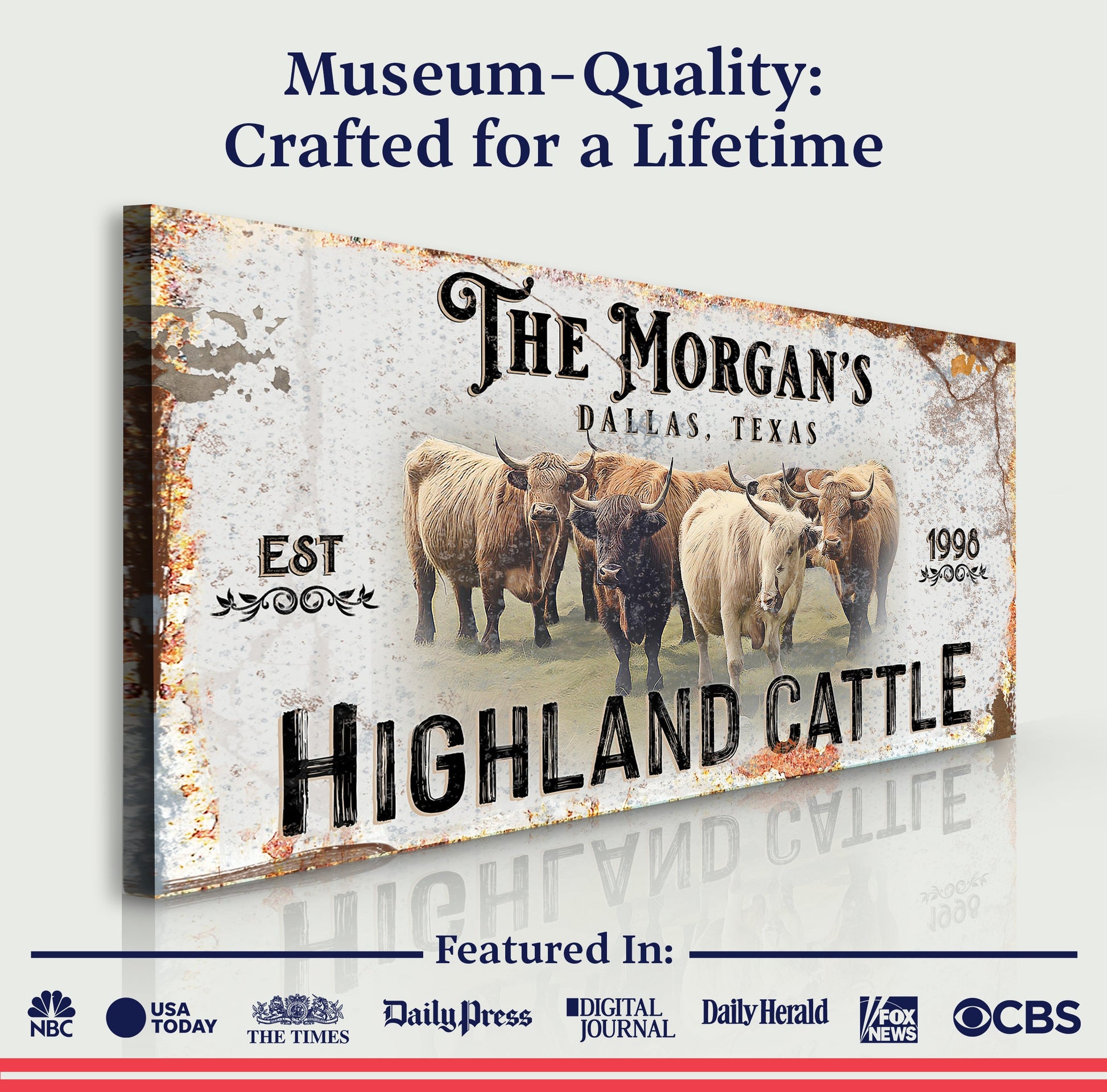 Personalized Highland Cattle Sign III canvas by Tailored Canvases with Highland cattle artwork on Tampa Home & Garden Store