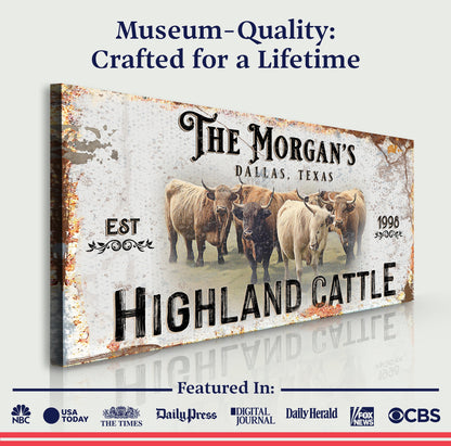 Personalized Highland Cattle Sign III canvas by Tailored Canvases with Highland cattle artwork on Tampa Home & Garden Store