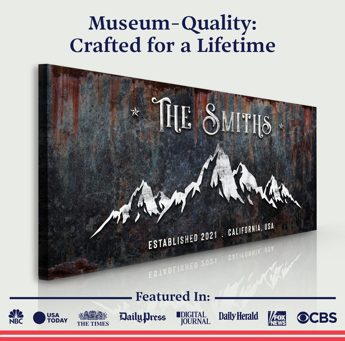 Family Mountain Home Sign III canvas with rustic metal-textured backdrop and white mountains on Tampa Home & Garden Store