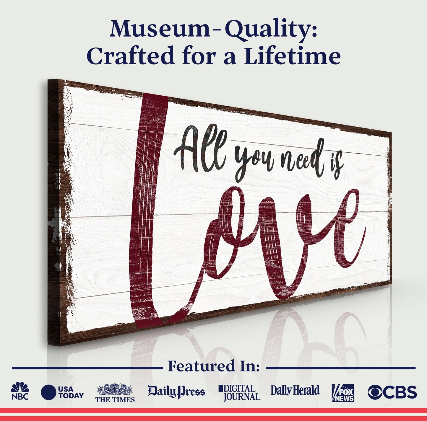 All You Need Is Love Sign canvas by Tailored Canvases with distressed wood and bold red script Love on Tampa Home & Garden Store