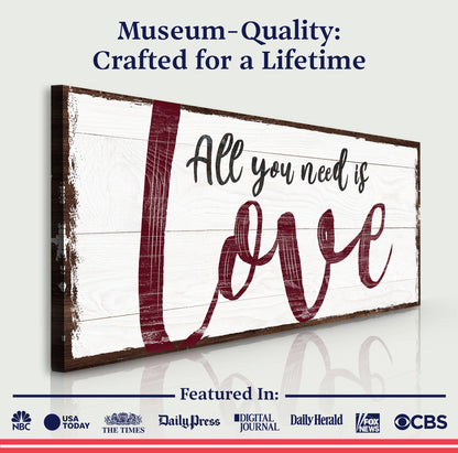 All You Need Is Love Sign canvas by Tailored Canvases with distressed wood and bold red script Love on Tampa Home & Garden Store