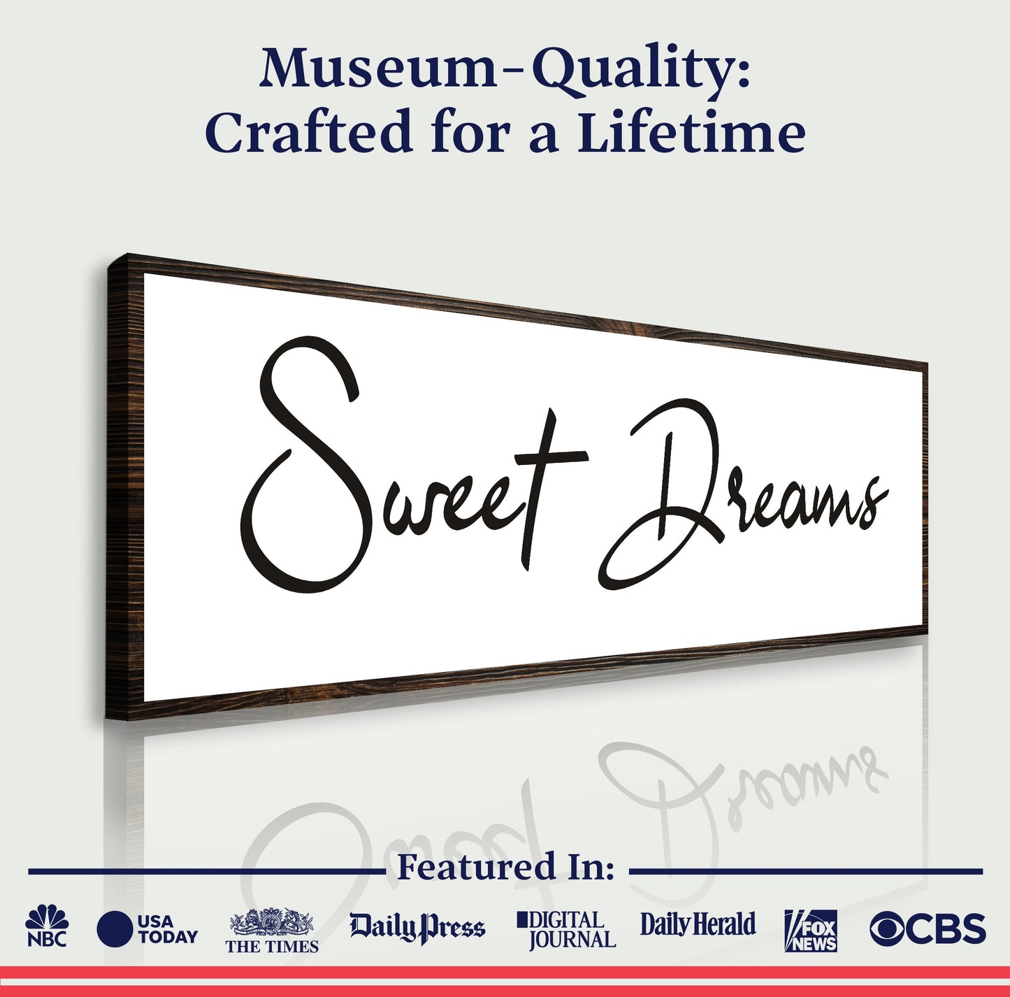 Sweet Dreams Sign V canvas by Tailored Canvases with black script on white background in dark wood frame on Tampa Home & Garden Store