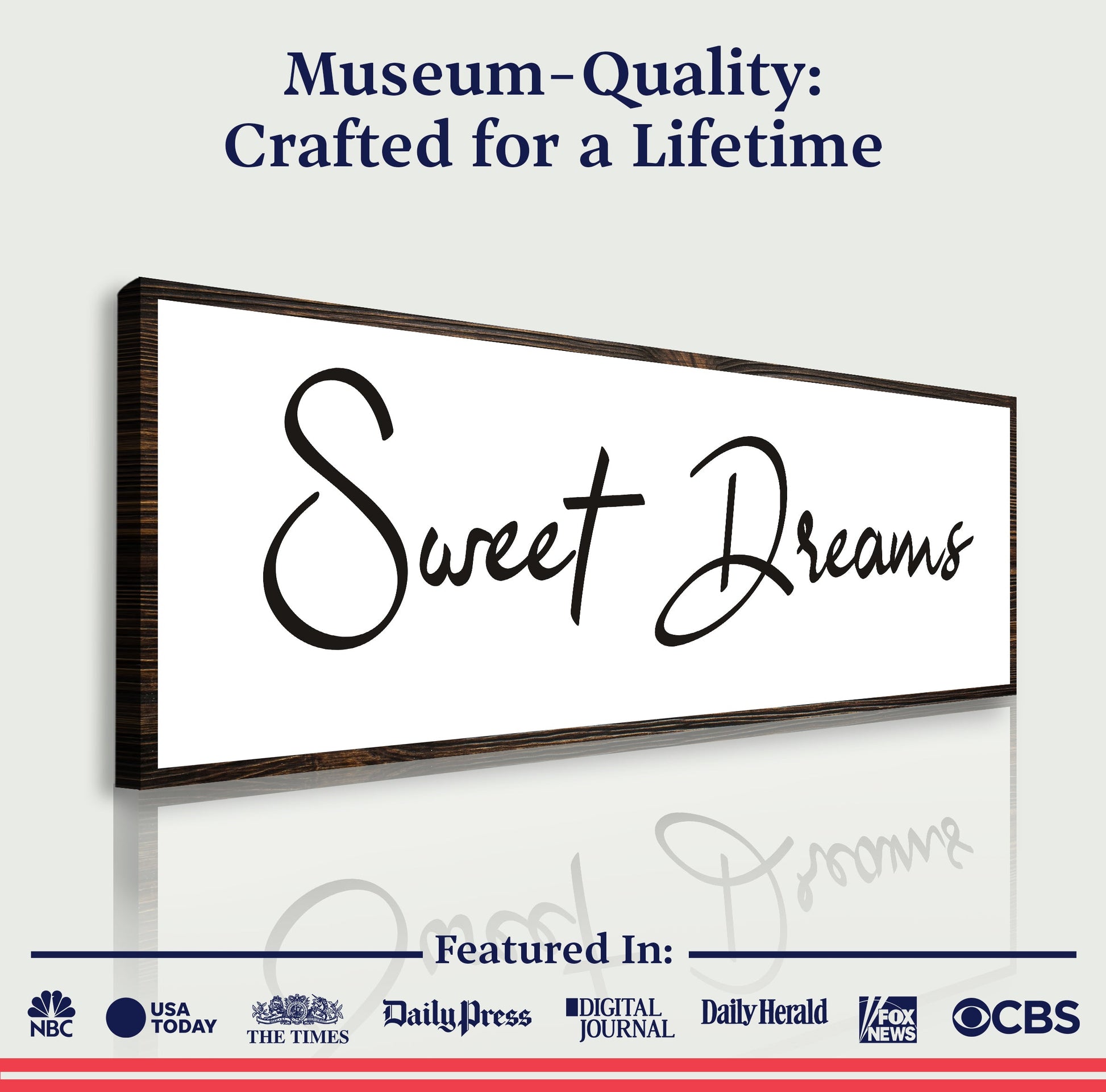 Sweet Dreams Sign V canvas by Tailored Canvases with black script on white background in dark wood frame on Tampa Home & Garden Store