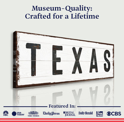 Texas Home Sign II canvas by Tailored Canvases, white wood sign with black lettering on Tampa Home & Garden Store