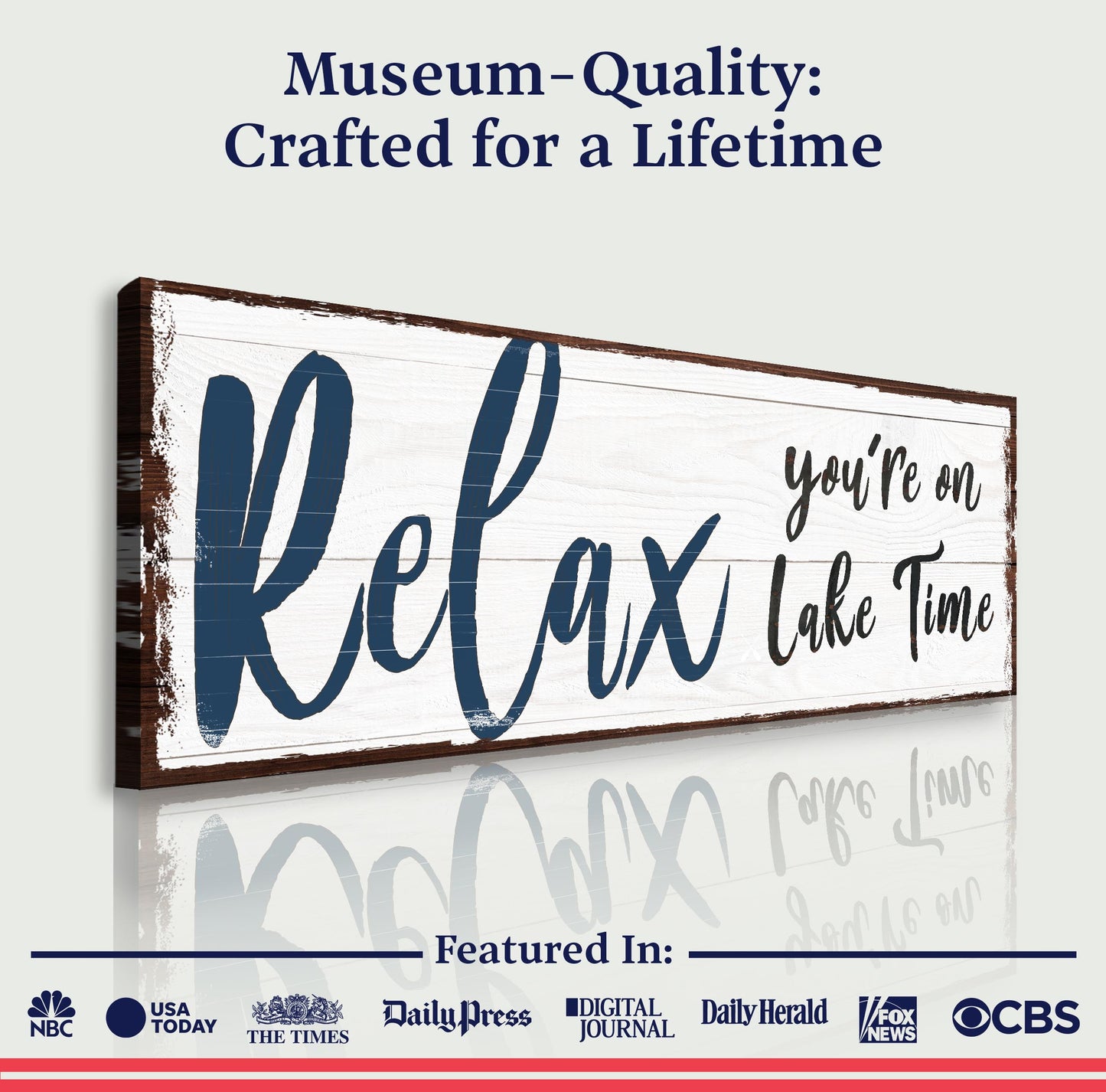 Relax You're on Lake Time Sign IV canvas sign in blue script on white weathered wood on Tampa Home & Garden Store