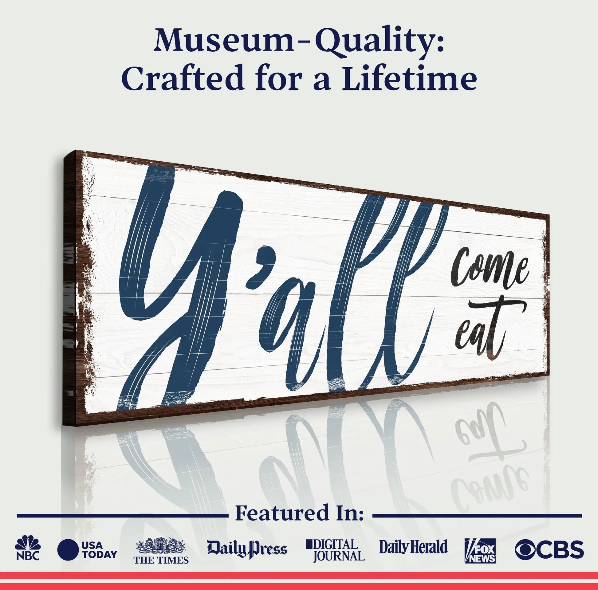 Y'all Come Eat kitchen sign II canvas by Tailored Canvases; distressed white wood, blue script on Tampa Home & Garden Store