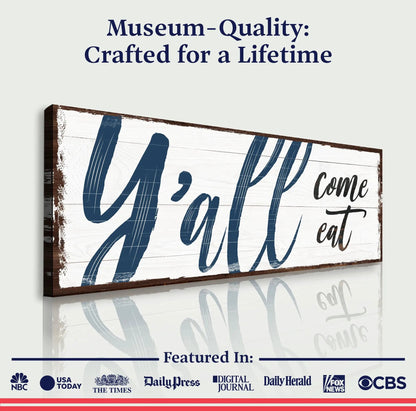 Y'all Come Eat kitchen sign II canvas by Tailored Canvases; distressed white wood, blue script on Tampa Home & Garden Store