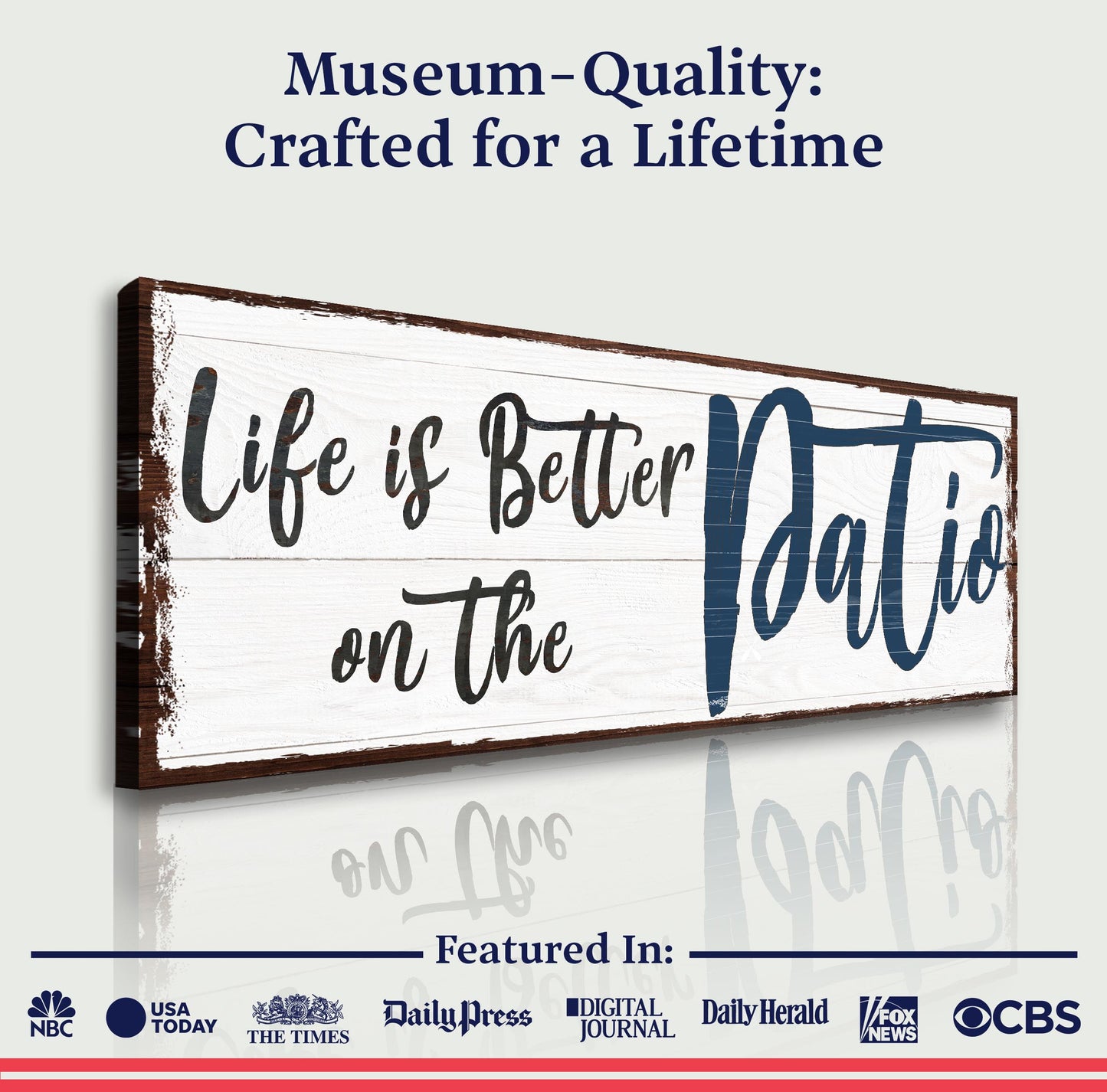 Canvas sign Life Is Better On The Patio III by Tailored Canvases; rustic whitewashed wood plank crafting canvas on Tampa Home & Garden Store