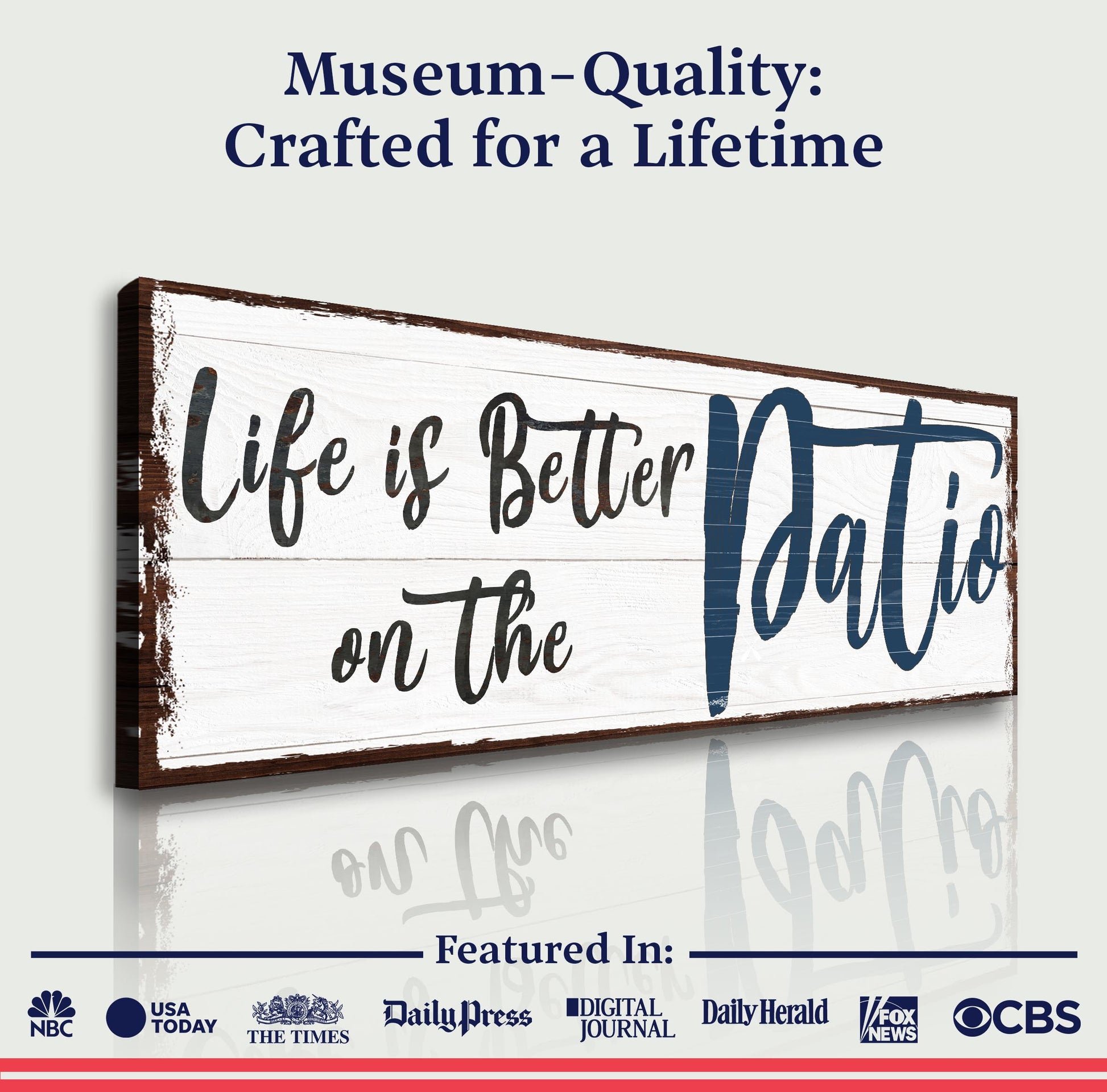 Canvas sign Life Is Better On The Patio III by Tailored Canvases; rustic whitewashed wood plank crafting canvas on Tampa Home & Garden Store