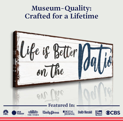 Canvas sign Life Is Better On The Patio III by Tailored Canvases; rustic whitewashed wood plank crafting canvas on Tampa Home & Garden Store