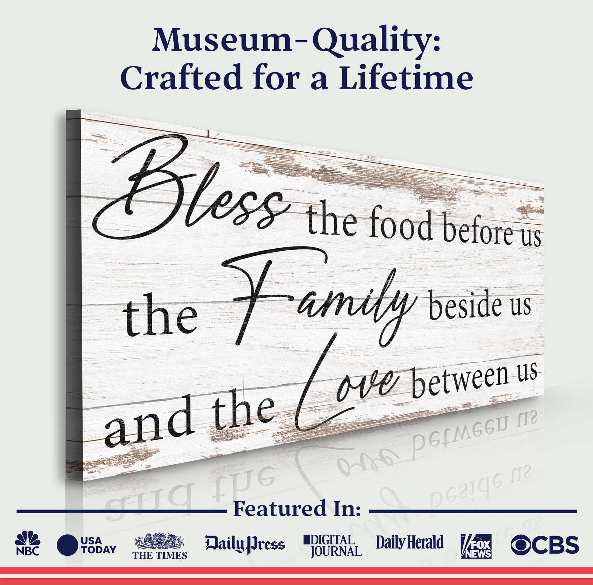 Bless the Food, Family, and Love sign canvas on white wood backdrop by Tailored Canvases on Tampa Home & Garden Store