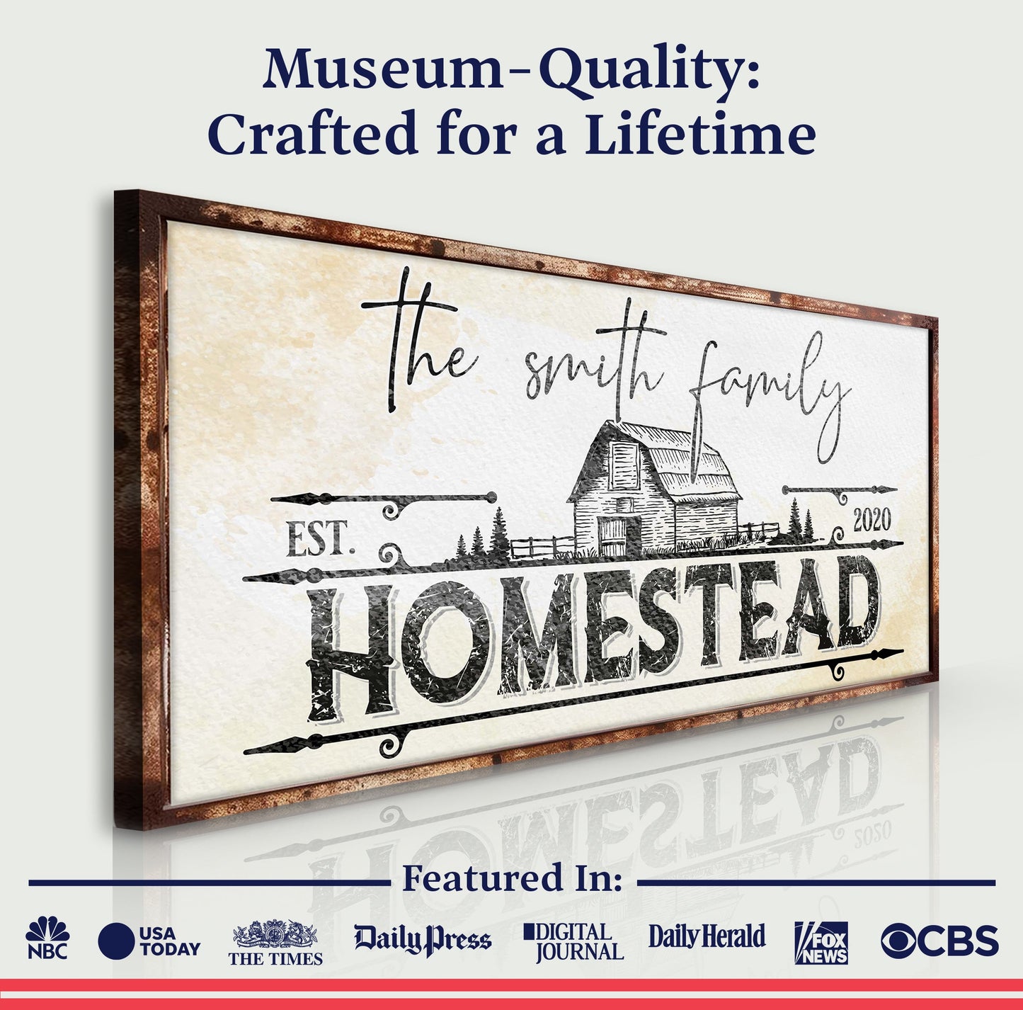 Family Vintage Rust Homestead Sign canvas with rust frame and hand-drawn farmhouse scene on Tampa Home & Garden Store